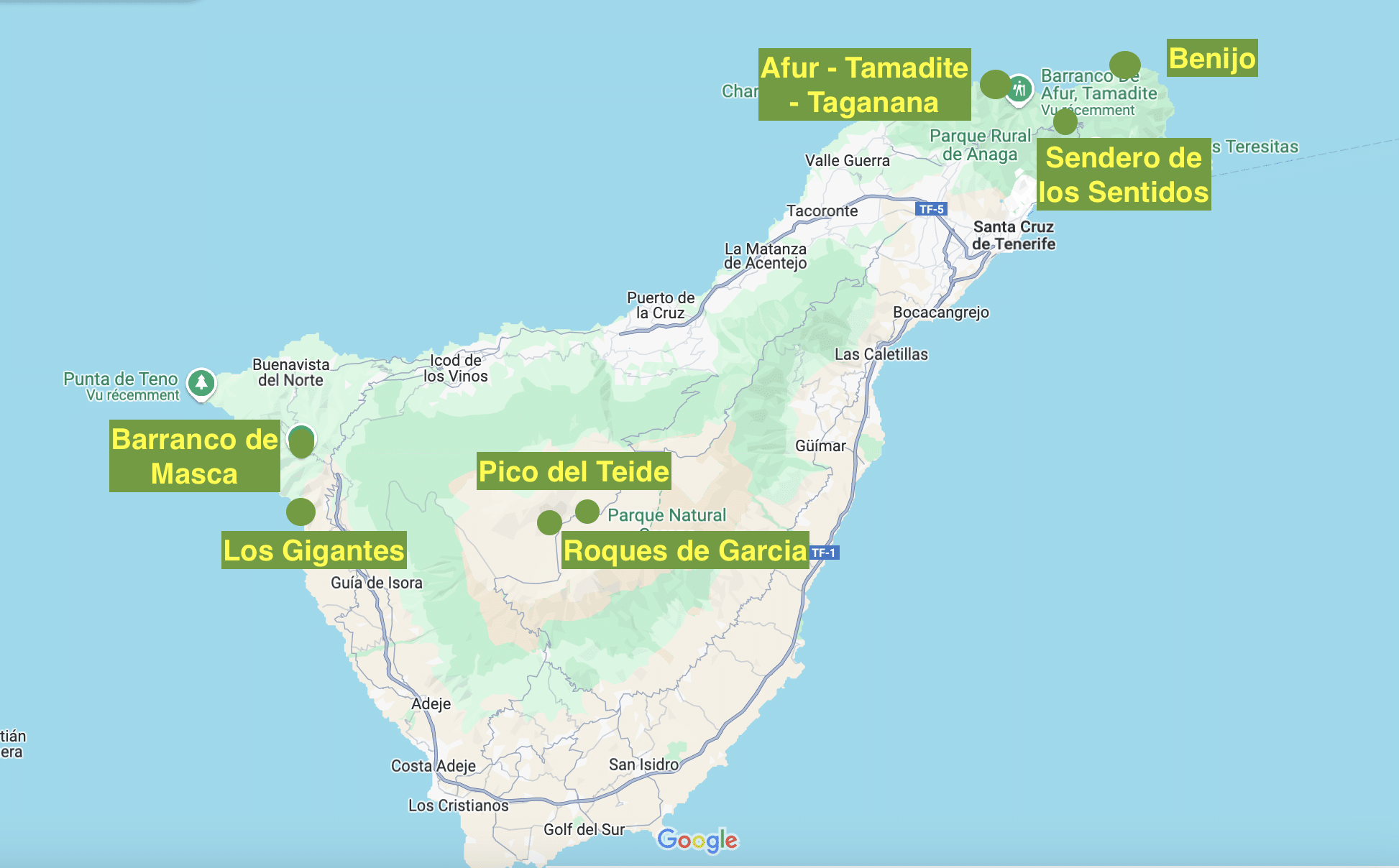 carte des randonnées à Tenerife